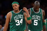 LOS ANGELES, CA - JUNE 15:  Paul Pierce #34 and Kevin Garnett #5 of the Boston Celtics react late in the fourth quarter while taking on the Los Angeles Lakers in Game Five of the 2008 NBA Finals on June 15, 2008 at Staples Center in Los Angeles, California. NOTE TO USER: User expressly acknowledges and agrees that, by downloading and/or using this Photograph, user is consenting to the terms and conditions of the Getty Images License Agreement.  (Photo by Lisa Blumenfeld/Getty Images)