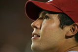 MIAMI GARDENS, FL - OCTOBER 03:  Injured quarterback Sam Bradford #14 of the Oklahoma Sooners looks up to the scoreboard late in the game against the Miami Hurricanes at Land Shark Stadium on October 3, 2009 in Miami Gardens, Florida. Miami defeated Oklahoma 21-20.  (Photo by Doug Benc/Getty Images)