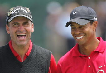 SAN DIEGO - JUNE 16:  Tiger Woods laughs with runner-up Rocco Mediate after winning on the first sudden death playoff hole during the playoff round of the 108th U.S. Open at the Torrey Pines Golf Course (South Course) on June 16, 2008 in San Diego, California.  (Photo by Doug Pensinger/Getty Images)