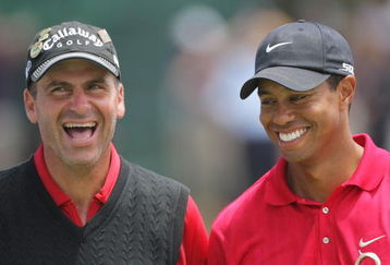 SAN DIEGO - JUNE 16:  Tiger Woods laughs with runner-up Rocco Mediate after winning on the first sudden death playoff hole during the playoff round of the 108th U.S. Open at the Torrey Pines Golf Course (South Course) on June 16, 2008 in San Diego, California.  (Photo by Doug Pensinger/Getty Images)
