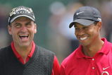 SAN DIEGO - JUNE 16:  Tiger Woods laughs with runner-up Rocco Mediate after winning on the first sudden death playoff hole during the playoff round of the 108th U.S. Open at the Torrey Pines Golf Course (South Course) on June 16, 2008 in San Diego, California.  (Photo by Doug Pensinger/Getty Images)