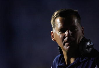 CHAPEL HILL, NC - OCTOBER 4:  Head coach Randy Edsall of the Connecticut Huskies looks on during the game against the North Carolina Tar Heels at Kenan Stadium on October 4, 2008 in Chapel Hill, North Carolina.  (Photo by Kevin C. Cox/Getty Images)