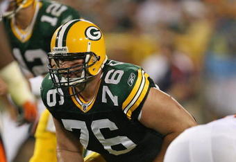 GREEN BAY, WI - SEPTEMBER 13: Chad Clifton #76 of the Green Bay Packers awaits the start of a play against the Chicago Bears on September 13, 2009 at Lambeau Field in Green Bay, Wisconsin. The Packers defeated the Bears 21-15. (Photo by Jonathan Daniel/Getty Images)