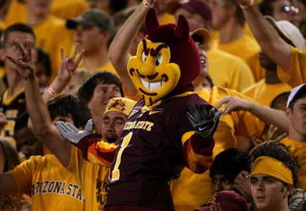 TEMPE, AZ - OCTOBER 13:  'Sparky' the Arizona State Sun Devils mascot does performs in the student section durng the game against the Washington Huskies on October 13, 2007 at Sun Devil Stadium in Tempe, Arizona.  Arizona State won 44-20.  (Photo by Stephen Dunn/Getty Images)