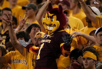 TEMPE, AZ - OCTOBER 13:  'Sparky' the Arizona State Sun Devils mascot does performs in the student section durng the game against the Washington Huskies on October 13, 2007 at Sun Devil Stadium in Tempe, Arizona.  Arizona State won 44-20.  (Photo by Stephen Dunn/Getty Images)
