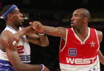 HOUSTON - FEBRUARY 19:  Kobe Bryant #8 of the West Team pushes LeBron James #23 of the East Team away during the second half of the 2006 NBA All-Star Game at the Toyota Center on February 19, 2006 in Houston, Texas. East defeated West 122-120.  NOTE TO USER: User expressly acknowledges and agrees that, by downloading and/or using this Photograph, user is consenting to the terms and conditions of the Getty Images License Agreement.  (Photo by Ronald Martinez/Getty Images)