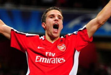 LONDON, ENGLAND - SEPTEMBER 29:  Robin van Persie of Arsenal celebrates after he scored the first goal during the UEFA Champions League Group H match between Arsenal and Olympiakos at the Emirates Stadium on September 29, 2009 in London, England.  (Photo by Mike Hewitt/Getty Images)