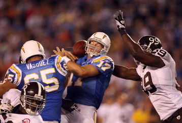 SAN DIEGO, CA - OCTOBER 19: Quarterback Phillip Rivers #17 of the San Diego Chargers losses the ball for a sack as he is pressured by Defensive Linebacker Vonnie Holliday #99 of the Denver Broncos during the second half during Monday Night Football on October 19, 2009 at Qualcomm Stadium in San Diego, California. (Photo by Donald Miralle/Getty Images)