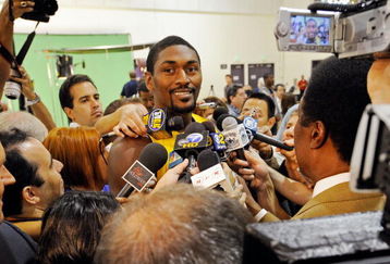 EL SEGUNDO, CA - SEPTEMBER 29: Ron Artest #37 of the Los Angeles Lakers speaks to reporters during Lakers media day at the Lakers training facility on September 29, 2009 in El Segundo, California.  NOTE TO USER: User expressly acknowledges and agrees that, by downloading and/or using this Photograph, user is consenting to the terms and conditions of the Getty Images License Agreement.  (Photo by Kevork Djansezian/Getty Images)