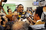 EL SEGUNDO, CA - SEPTEMBER 29: Ron Artest #37 of the Los Angeles Lakers speaks to reporters during Lakers media day at the Lakers training facility on September 29, 2009 in El Segundo, California.  NOTE TO USER: User expressly acknowledges and agrees that, by downloading and/or using this Photograph, user is consenting to the terms and conditions of the Getty Images License Agreement.  (Photo by Kevork Djansezian/Getty Images)