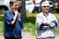 SAN DIEGO - MAY 03: Head coach Norv Turner and general manager A.J. Smith of the San Diego Chargers watch practice during minicamp at the Chargers training facility on May 3, 2009 in San Diego, California. (Photo by Kevin Terrell/Getty Images)