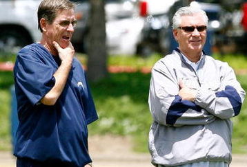 SAN DIEGO - MAY 03: Head coach Norv Turner and general manager A.J. Smith of the San Diego Chargers watch practice during minicamp at the Chargers training facility on May 3, 2009 in San Diego, California. (Photo by Kevin Terrell/Getty Images)