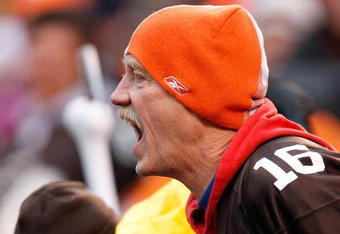 CLEVELAND - NOVEMBER 30:  A fan of the Cleveland Browns yells during their NFL game against the Indianapolis Colts on November 30, 2008 at Cleveland Browns Stadium in Cleveland, Ohio. The Colts defeated the Browns 10-6.  (Photo by Gregory Shamus/Getty Images)