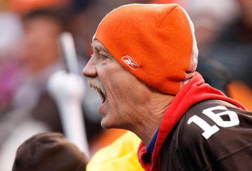 CLEVELAND - NOVEMBER 30:  A fan of the Cleveland Browns yells during their NFL game against the Indianapolis Colts on November 30, 2008 at Cleveland Browns Stadium in Cleveland, Ohio. The Colts defeated the Browns 10-6.  (Photo by Gregory Shamus/Getty Images)
