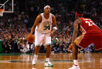 BOSTON - MAY 18:  Paul Pierce #34 of the Boston Celtics looks to move the ball against LeBron James #23 of the Cleveland Cavaliers in Game Seven of the Eastern Conference Semifinals during the 2008 NBA Playoffs at the TD Banknorth Garden May 18, 2008 in Boston, Massachusetts. The Celtics won 97-92. NOTE TO USER: User expressly acknowledges and agrees that, by downloading and or using this Photograph, user is consenting to the terms and conditions of the Getty Images License Agreement.  (Photo by Jim Rogash/Getty Images)