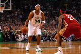 BOSTON - MAY 18:  Paul Pierce #34 of the Boston Celtics looks to move the ball against LeBron James #23 of the Cleveland Cavaliers in Game Seven of the Eastern Conference Semifinals during the 2008 NBA Playoffs at the TD Banknorth Garden May 18, 2008 in Boston, Massachusetts. The Celtics won 97-92. NOTE TO USER: User expressly acknowledges and agrees that, by downloading and or using this Photograph, user is consenting to the terms and conditions of the Getty Images License Agreement.  (Photo by Jim Rogash/Getty Images)