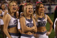 FORT WORTH, TX - OCTOBER 16:  TCU Horned Frogs cheerleaders wear pink ribbons for Breast Cancer Awareness month during play against the BYU Cougars at Amon G. Carter Stadium on October 16, 2008 in Fort Worth, Texas.  (Photo by Ronald Martinez/Getty Images)