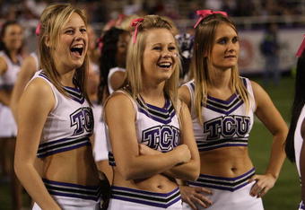 FORT WORTH, TX - OCTOBER 16:  TCU Horned Frogs cheerleaders wear pink ribbons for Breast Cancer Awareness month during play against the BYU Cougars at Amon G. Carter Stadium on October 16, 2008 in Fort Worth, Texas.  (Photo by Ronald Martinez/Getty Images)