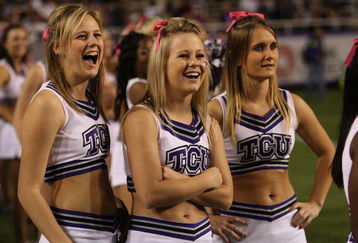 FORT WORTH, TX - OCTOBER 16:  TCU Horned Frogs cheerleaders wear pink ribbons for Breast Cancer Awareness month during play against the BYU Cougars at Amon G. Carter Stadium on October 16, 2008 in Fort Worth, Texas.  (Photo by Ronald Martinez/Getty Images)
