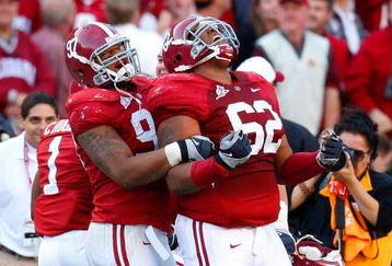TUSCALOOSA, AL - OCTOBER 24:  Lorenzo Washington #97 celebrates with Terrence Cody #62 of the Alabama Crimson Tide after Cody blocked a field goal in the first half against the Tennessee Volunteers at Bryant-Denny Stadium on October 24, 2009 in Tuscaloosa, Alabama.  (Photo by Kevin C. Cox/Getty Images)