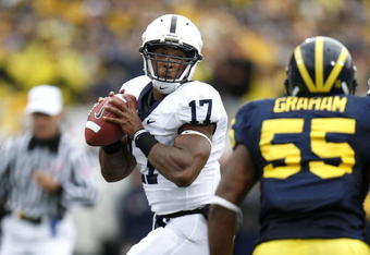 ANN ARBOR, MI - OCTOBER 24:  Daryll Clark #17 of the Penn State Nittany Lions drops back to throw a first quarter pass while playing the Michigan Wolverines on October 24, 2009 at Michigan Stadium in Ann Arbor, Michigan.  (Photo by Gregory Shamus/Getty Images)