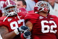 TUSCALOOSA, AL - OCTOBER 24:  Lorenzo Washington #97 celebrates with Terrence Cody #62 of the Alabama Crimson Tide after Cody blocked a field goal in the first half against the Tennessee Volunteers at Bryant-Denny Stadium on October 24, 2009 in Tuscaloosa, Alabama.  (Photo by Kevin C. Cox/Getty Images)