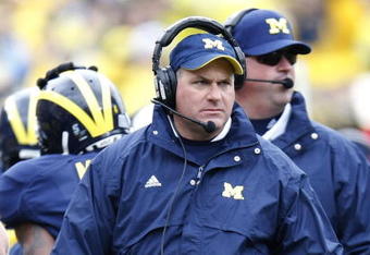 ANN ARBOR, MI - OCTOBER 24:  Head Coach Rich Rodriguez of the Michigan Wolverines looks on while playing the Penn State Nittany Lions on October 24, 2009 at Michigan Stadium in Ann Arbor, Michigan. Penn State won the game 35-10.  (Photo by Gregory Shamus/Getty Images)