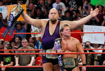 LAS VEGAS - AUGUST 24:  Wrestlers and tag team partners Chris Jericho (L) and Big Show appear in the ring during the WWE Monday Night Raw show at the Thomas & Mack Center August 24, 2009 in Las Vegas, Nevada.  (Photo by Ethan Miller/Getty Images)