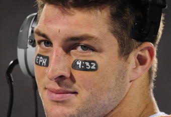 STARKVILLE, MS - OCTOBER 24:  Quarterback Tim Tebow # 15 of the Florida Gators stands on the sidelines during the 2nd half against the Mississippi State Bulldogs, at Davis Wade Stadium on  October 24, 2009 in Starkville, Mississippi  (Photo by Rick Dole/Getty Images)