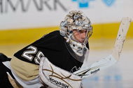 PITTSBURGH - OCTOBER 20:  Goaltender Marc-Andre Fleury #29 of the Pittsburgh Penguins stretches during a game against the St. Louis Blues on October 20, 2009 at Mellon Arena in Pittsburgh, Pennsylvania.  (Photo by Jamie Sabau/Getty Images)