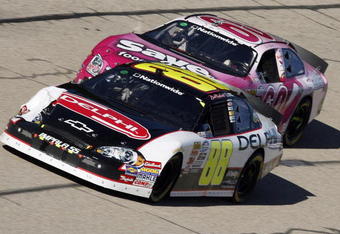 MEMPHIS, TN - OCTOBER 24:   Brad Keselowski , driver of the #88 Delphi Chevrolet leads the pack during the NASCAR Nationwide series Kroger 'On Track For  Cure' 250 race at the Memphis Motorsports Park on October 24, 2009 in Memphis, Tennessee.  (Photo by John Sommers II/Getty Images)