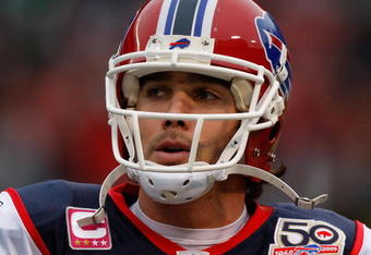 EAST RUTHERFORD, NJ - OCTOBER 18: Trent Edwards #5 of the Buffalo Bills stands on the sidelines prior to the game against the New York Jets on October 18, 2009 at Giants Stadium in East Rutherford, New Jersey. The Bills defeated the Jets 16-13 in overtime. (Photo by Jared Wickerham/Getty Images)