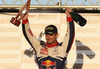 KINGSCLIFF, AUSTRALIA - SEPTEMBER 06:  Sebastien Loeb of France and the Citroen C4 Total team celebrates winning the Repco Rally of Australia on September 6, 2009 in Kingscliff, Australia.  (Photo by Quinn Rooney/Getty Images)