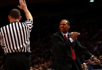 NEW YORK - MARCH 11: Head Coach Norm Roberts of the St. John's Red Storm reacts to a call against the Marquette Golden Eagles during the second round of the Big East Tournament at Madison Square Garden on March 11, 2009 in New York City.  (Photo by Chris McGrath/Getty Images)