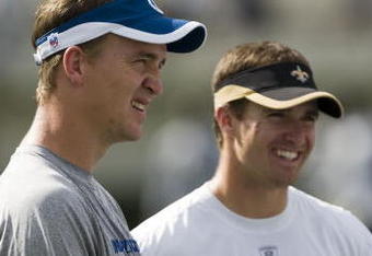 JACKSON, MS - AUGUST 26:  Quarterbacks Peyton Manning of the Indianapolis Colts and Drew Brees of the New Orleans Saints share a laugh before the game on August 26, 2006 at Veterans Memorial Stadium in Jackson, Mississippi.  The Colts won 27-14.    (Photo by Wesley Hitt/Getty Images)
