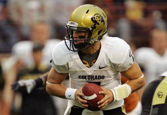 AUSTIN, TX - OCTOBER 10:  Quarterback Tyler Hansen #9 of the Colorado Buffaloes drops back against the Texas Longhorns on October 10, 2009 at Darrell K Royal-Texas Memorial Stadium in Austin, Texas.  Texas won 38-14.  (Photo by Brian Bahr/Getty Images)