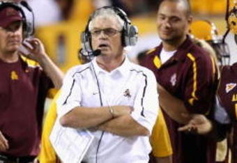 TEMPE, AZ - SEPTEMBER 19:  Head coach Dennis Erickson of the Arizona State Sun Devils walks the sidelines during the college football game against the Louisiana Monroe Warhawks at Sun Devil Stadium on September 19, 2008 in Tempe, Arizona. The Sun Devils defeated the Warhawks 38-14.  (Photo by Christian Petersen/Getty Images)