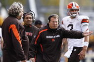 PITTSBURGH, PA - OCTOBER 18: Head coach Eric Mangini of the Cleveland Browns argues with an official during the game against the Pittsburgh Steelers at Heinz Field on October 18, 2009 in Pittsburgh, Pennsylvania. The Steelers defeated the Browns 27-14. (Photo by Joe Robbins/Getty Images)
