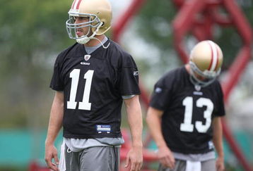 SANTA CLARA, CA - MAY 01:  Quarterbacks Alex Smith #11 and Shaun Hill #13 of the San Francisco 49ers look on during the 49ers Minicamp at their training facilities on May 1, 2009 in Santa Clara, California.  (Photo by Jed Jacobsohn/Getty Images)