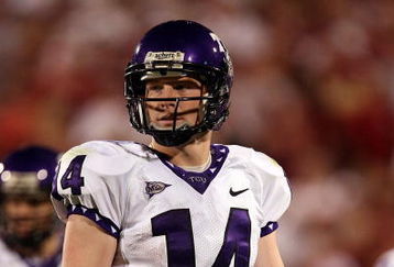NORMAN, OK - SEPTEMBER 27:  Quarterback Andy Dalton #14 of the TCU Horned Frogs during play against the Oklahoma Sooners at Oklahoma Memorial Stadium on September 27, 2008 in Norman, Oklahoma.  (Photo by Ronald Martinez/Getty Images)