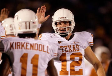 COLUMBIA, MO - OCTOBER 24:  Quarterback Colt McCoy #12 of the Texas Longhorns celebrates after a touchdown with James Kirkendoll #11 during the game against the Missouri Tigers on October 24, 2009 at Faurot Field/Memorial Stadium in Columbia, Missouri.  (Photo by Jamie Squire/Getty Images)