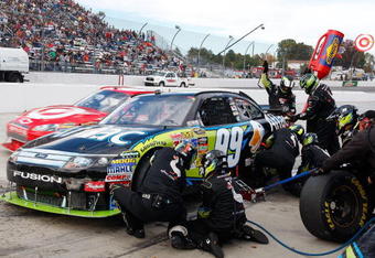 MARTINSVILLE, VA - OCTOBER 25: Carl Edwards, driver of the #99 Aflac Ford, pits during the NASCAR Sprint Cup Series TUMS Fast Relief 500 at Martinsville Speedway on October 25, 2009 in Martinsville, Virginia.  (Photo by Geoff Burke/Getty Images for NASCAR)