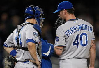NEW YORK - SEPTEMBER 29: Kyle Farnsworth #40 and John Buck #14 of the Kansas City Royals talk at the mound in the 9th inning during the game against the New York Yankees on September 29, 2009 at Yankee Stadium in the Bronx borough of New York City. (Photo by Jared Wickerham/Getty Images)