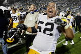 STATE COLLEGE, PA - SEPTEMBER 26:  Rafael Eubanks #52 of the Iowa Hawkeyes celebrates a 21-10 victory over the Penn State Nittnay Lions on September 26, 2009 at Beaver Stadium in State College, Pennsylvania.  (Photo by Gregory Shamus/Getty Images)