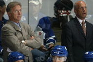 LONDON, ON - SEPTEMBER 17:  Coaches Tim Hunter, Ron Wilson and Keith Acton of the Toronto Maple Leafs concentrate on a replay on score board in a pre-season game against the Philadelphia Flyers on September 17, 2009 at the John Labatt Centre in London, Ontario. The Leafs defeated the Flyers 4-0. (Photo by Claus Andersen/Getty Images)