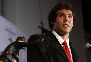 NEW YORK - DECEMBER 13:  Sam Bradford of the Oklahoma Sooners talks with the media at a press conference after winning the Heisman Trophy on December 13, 2008 at the Sports Museum of America in New York City.  (Photo by Nick Laham/Getty Images)