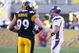 PITTSBURGH - OCTOBER 25: Brett Favre #4 of the Minnesota Vikings walks off the field past Brett Keisel #99 of the Pittsburgh Steelers after Keyaron Fox #57 (not shown) intercepted Favre and returned it for a touchdown at Heinz Field on October 25, 2009 in Pittsburgh, Pennsylvania. (Photo by Rick Stewart/Getty Images)