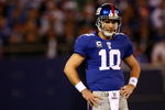 EAST RUTHERFORD, NJ - OCTOBER 25:  Eli Manning #10 of the New York Giants reacts after a bad pass against the Arizona Cardinals on October 25, 2009 at Giants Stadium in East Rutherford, New Jersey.  (Photo by Chris McGrath/Getty Images)