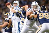 ST. LOUIS, MO - OCTOBER 25: Peyton Manning #18 of the Indianapolis Colts passes against the St. Louis Rams at the Edward Jones Dome on October 25, 2009 in St. Louis, Missouri.  (Photo by Dilip Vishwanat/Getty Images)