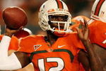 FORT LAUDERDALE, FL - OCTOBER 03: Quarterback Jacory Harris #12 of the Miami Hurricanes throws a pass against the Oklahoma Sooners at Land Shark Stadium on October 3, 2009 in Fort Lauderdale, Florida. Miami defeated Oklahoma 21-20. (Photo by Doug Benc/Getty Images)
